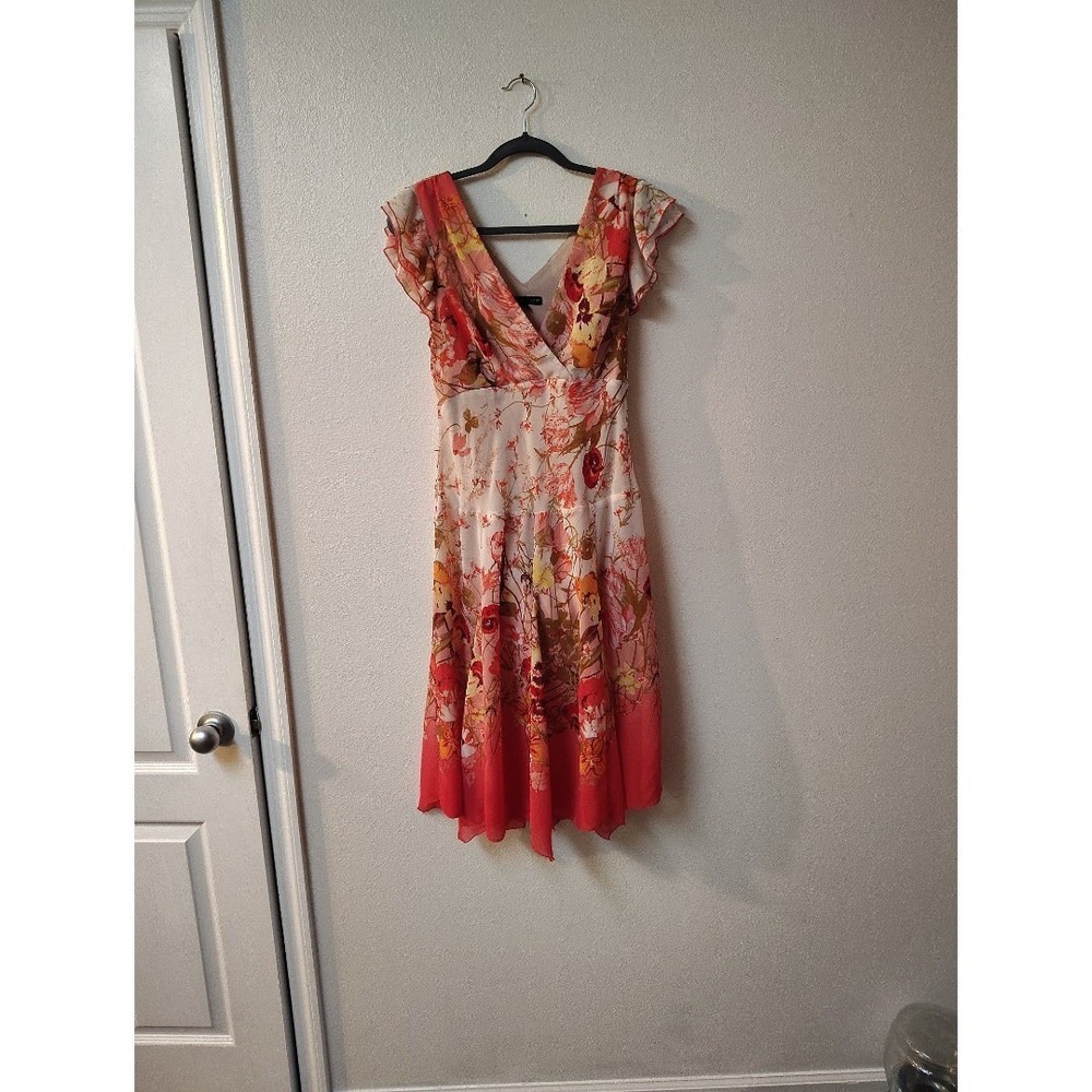 Floral V-Neck Flutter-Sleeve Midi Dress in Coral and Cream